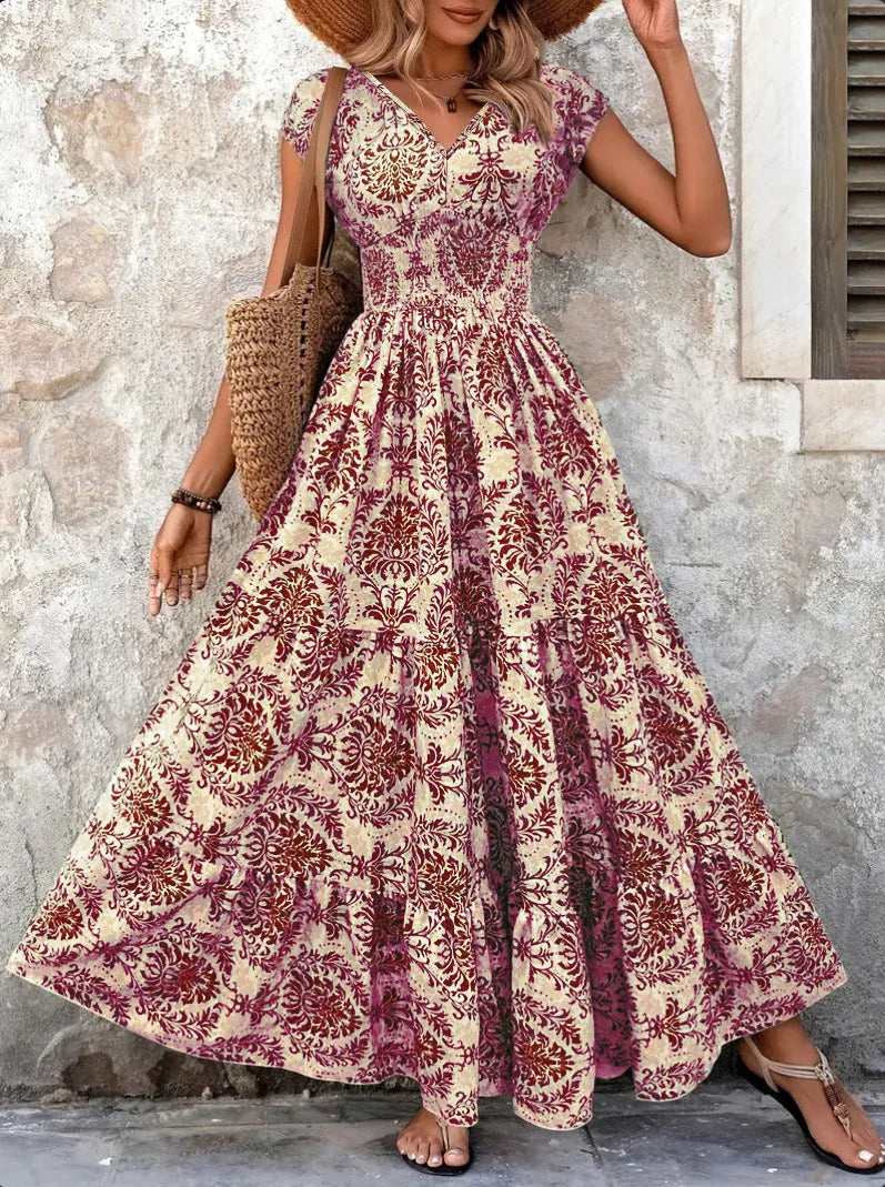 2026 Vintage Printed Dress Fashionable and Elegant V-Neck Short-Sleeved Jumpsuit Long Skirt Women's Clothing