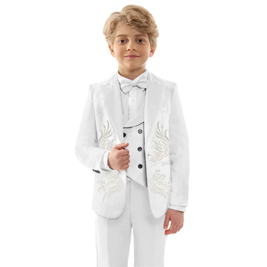 Luxurious Beaded Appliques Suit Set 4 Pieces For Boys Jacquard Kids Suits Performance Costumes Handsome Party Tuxedo