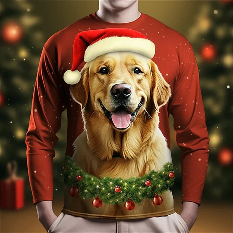 New Fun Christmas Long Sleeve T-Shirt Santa Claus Pattern Sweatshirt Men Role Play Pullover Boys Round Neck Polyester Sweatshirt