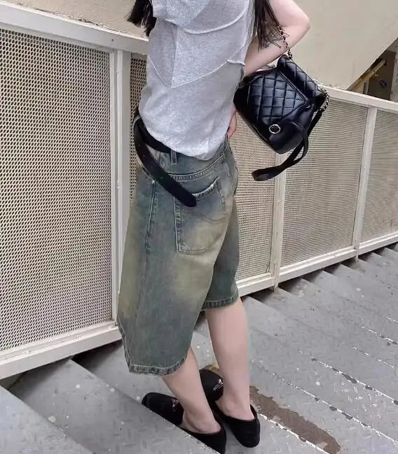 S-4XL Denim Shorts Women Chic Leisure Streetwear High Waist Korean Style Summer Knee Simple Comfortable Students Clothing New