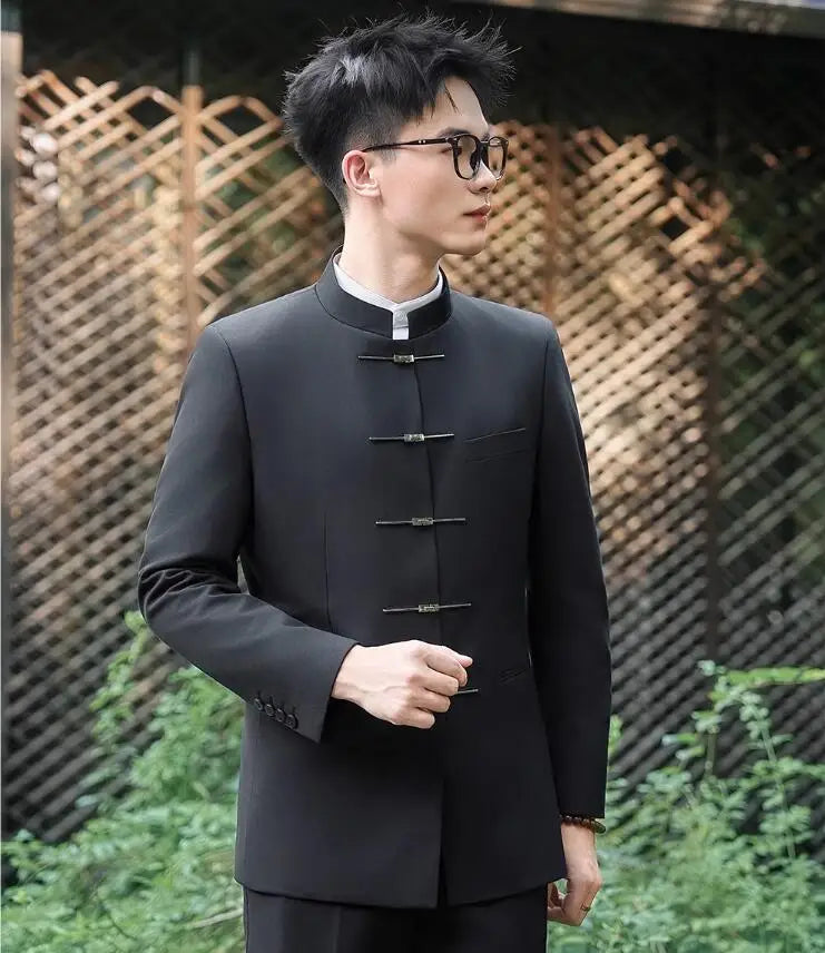 Chinese Style Stand Up Collar Suit Jacket for Men High Quality Mens Slim Fit Casual Social Wedding Dress Coat Men's Clothing