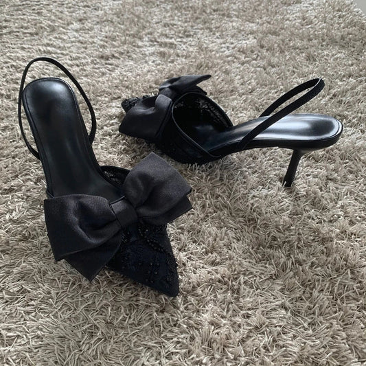 New Designer Thin High Heels Women Bow String Bead Pointed Slingback Mules Pumps Mesh Embroider Elegant Dress Sandals Female