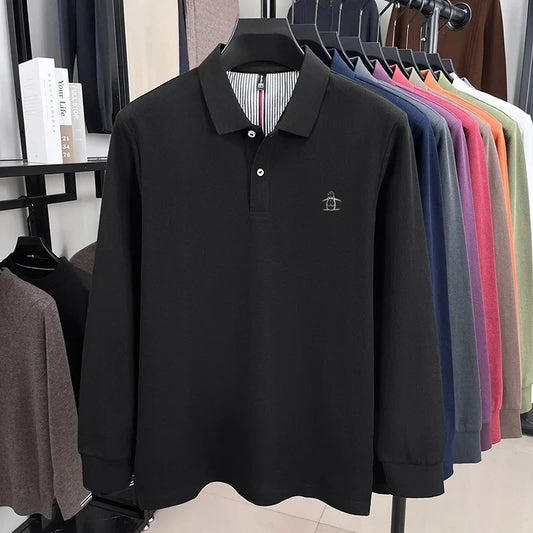 100% High-quality Cotton Latest Men's Polo Long Sleeve Autumn Spring Warm Fashionable Business Casual Cozy Delicate Embossed Top