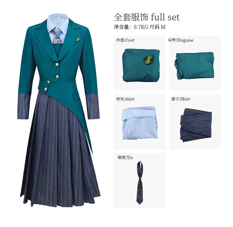Anime Wicked Witch Glinda Women's School Uniform Role Playing Dress Girl Blue Shirt Green Coat Stage Performance Dress