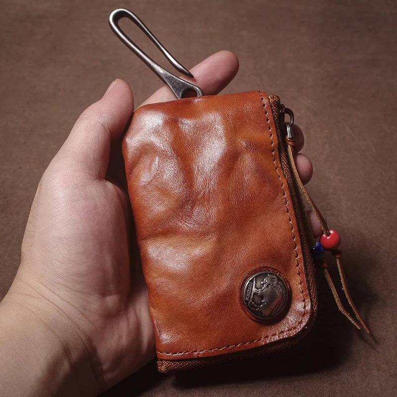 High Quality Genuine Leather Home Car Key Bag Retro Men Handmade Top Cowhide Coin Purse Women Zipper Mini Wallet Card Holde