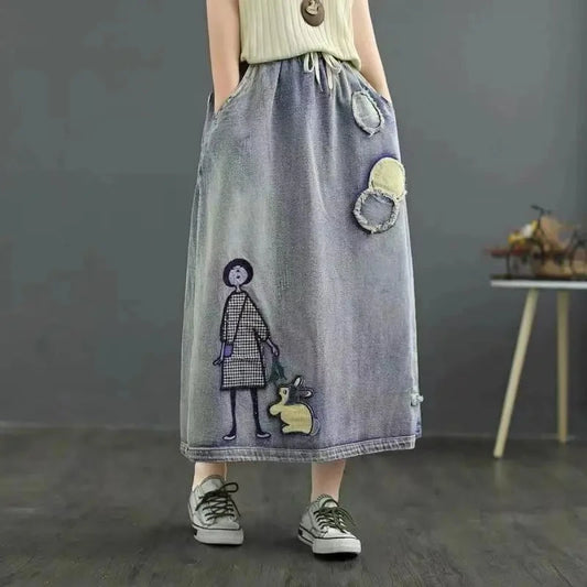 Summer New High Waist A-line Cowboy Skirt for Women Embroidery Slimming Versatile Fashion European American Style Half Skirts