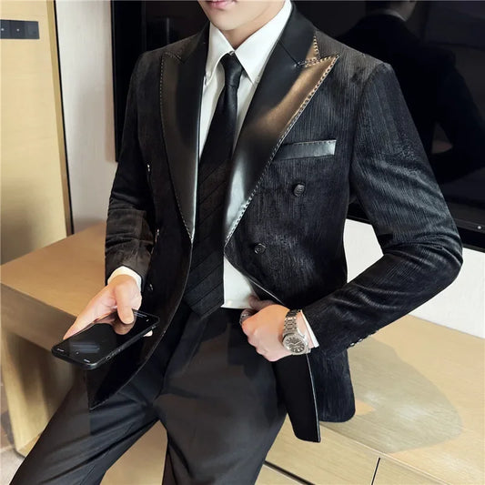 British Style Luxury Men Double Breasted Suit Jacket High Quality Fashion PU Leather Neck Spliced Coats Groom Social Party Dress