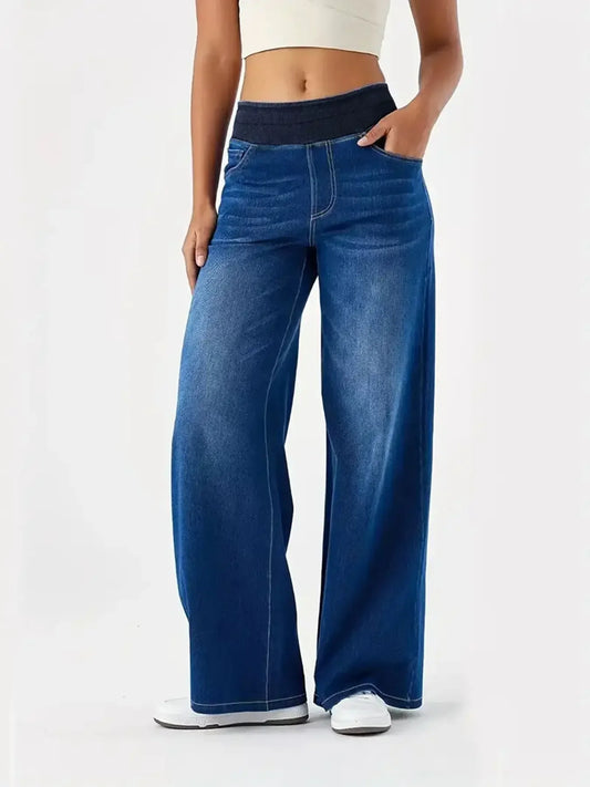 Jeans for Woman Y2k Jeans Baggy Jeans Stretchy Fabric Loose Straight Leg Ribbed Waist Design Modern Trousers Urban Fashion