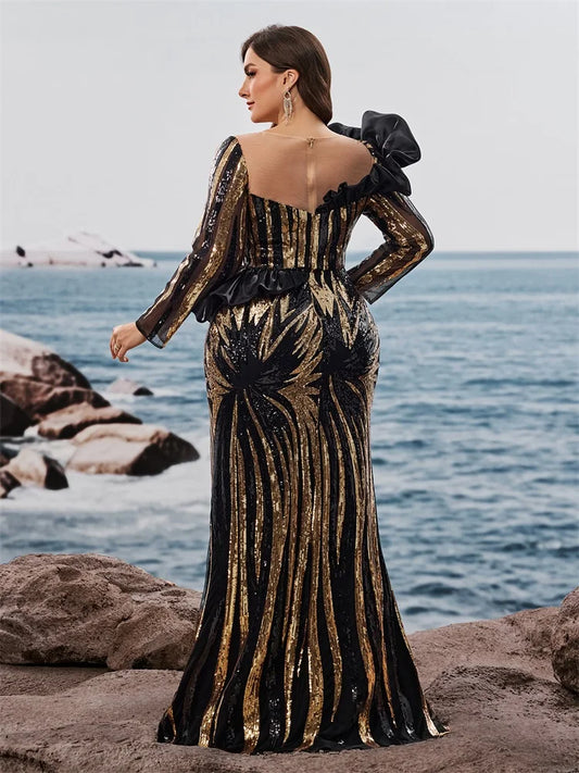 Plus Size Luxury Ruffled Sequins Evening Dresses Elegant Long Sleeve Mermaid Formal Wedding Party Cocktail Gowns