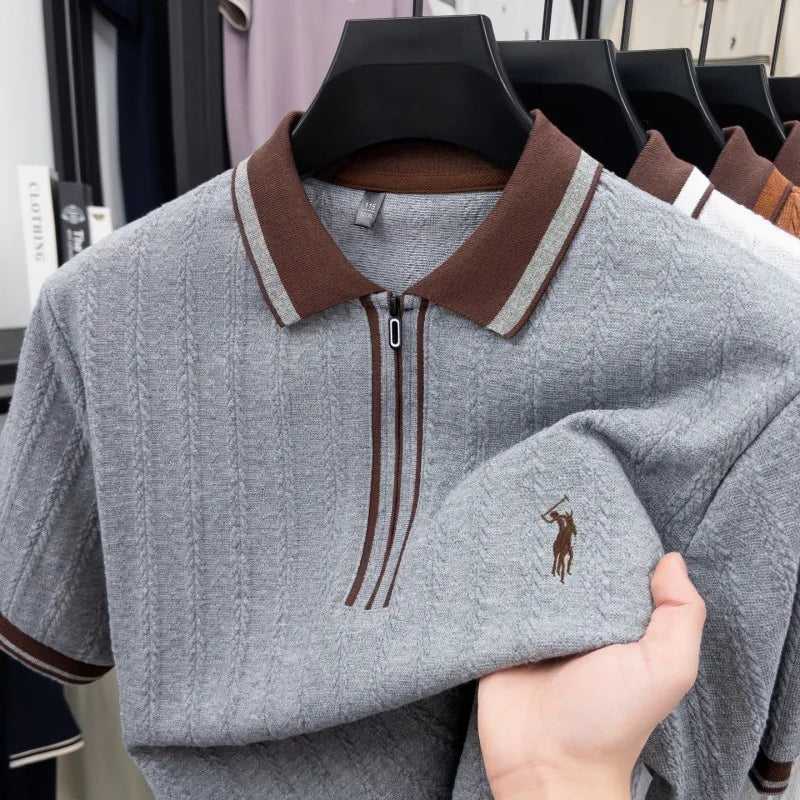 Luxury brand knitted short sleeve polo shirt Paul Pony embroidered stripe design men's T-shirt summer fashion Korean casual top