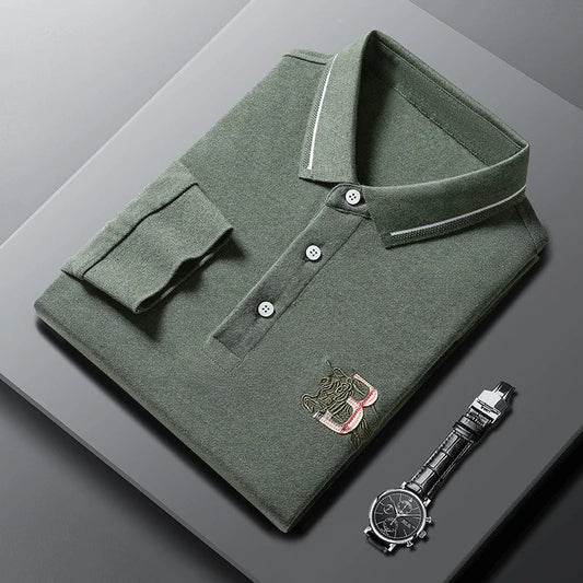 100Cotton High-End Quality Men's Polo Shirt Exquisite Horse Embroid Long Sleeve Fashion Lapel T-Shirt Business Trend Menswear