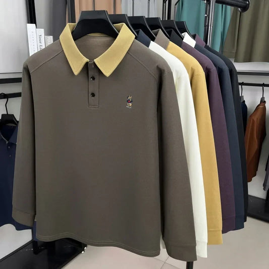 Premium luxury men's long sleeve polo shirt brand cartoon bear embroidery Korean style fashion comfort autumn new lapel T-shirt