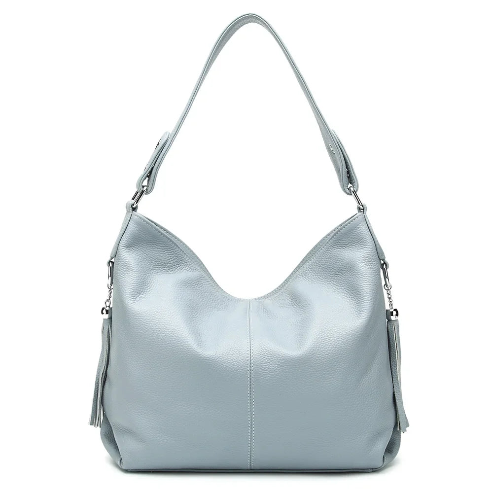 Elegant Beige Women Genuine Leather Handbag Hobo Bag Fashion Crossbody Tassel Big Capacity Shopper Tote Purse Sac Hot Sale