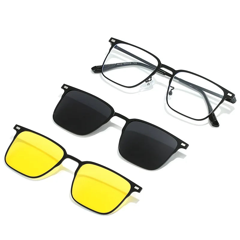 Fashion Square Metal Frame 3 in 1 Magnet Clip On Glasses Polarized Sunglasses Man Night Vision Clip Anti Blue Light Glasses