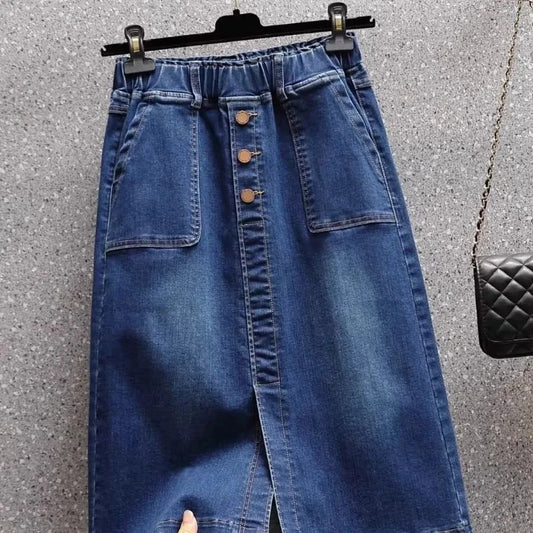 Summer New Women Elastic Waist Denim Skirts Korean Style Elegant Oversized High Waist Slit Skirts Mid Length Ladies Skirts