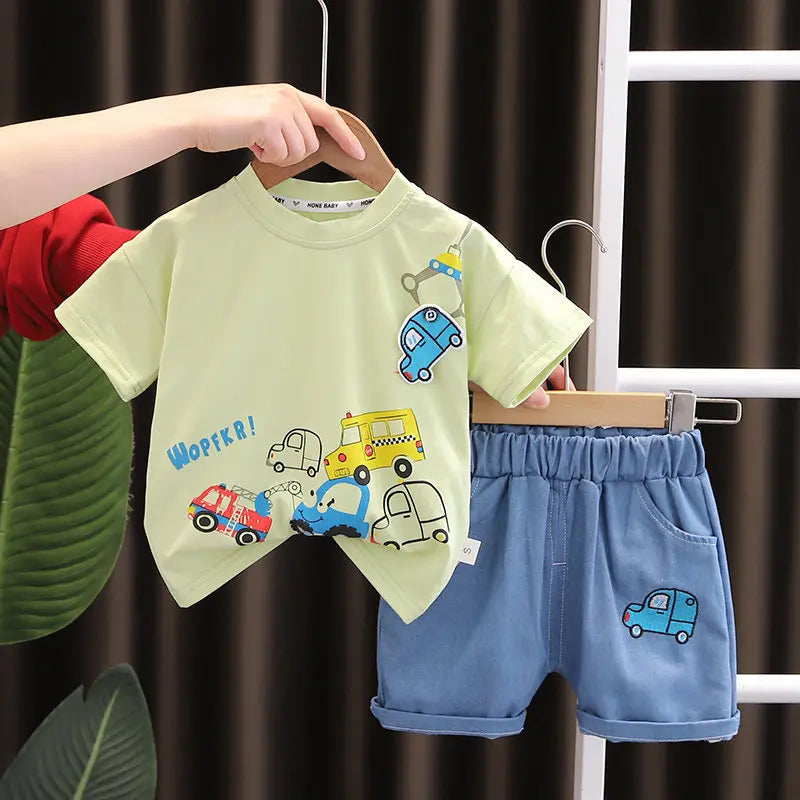Summer Children's Boys Infant Cotton Clothes Set Cars T-Shirt Shorts 2-Piece Toddler Fashion Tracksuit for Babies Aged 1-5 Years