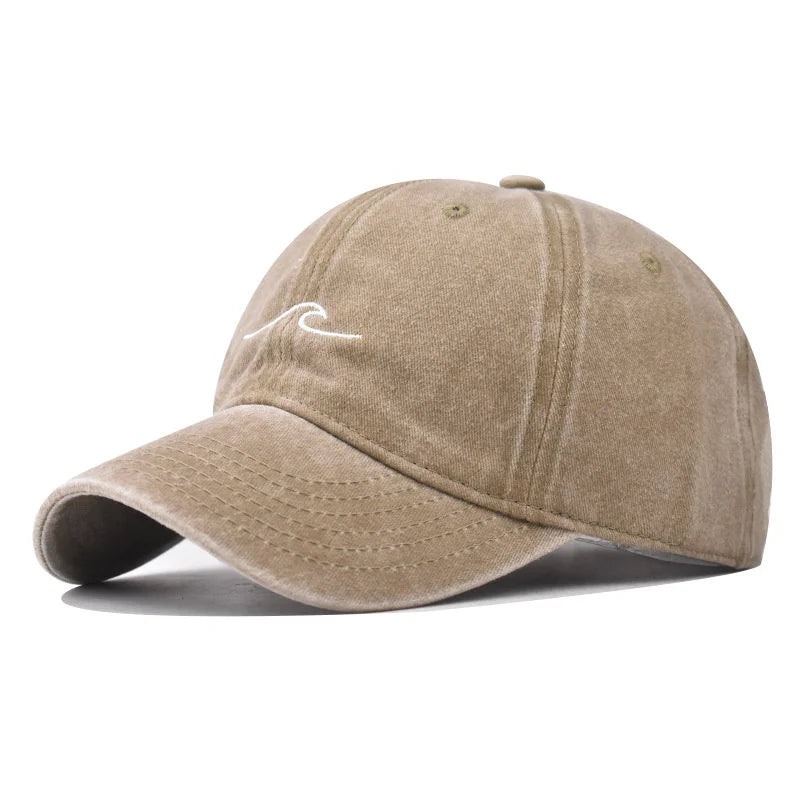 Washed Cotton Wave Embroidered Baseball Cap Unisex Adjustable Dad Hat Casual Retro Style Cap for Men Women Daily Street Wear