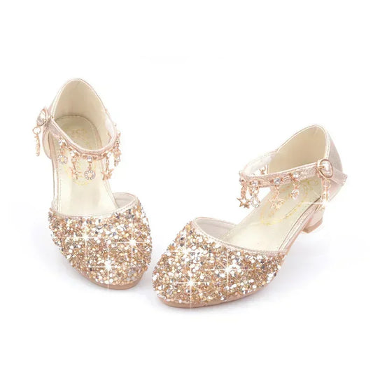 Fashion Kid Leather Shoe 2023 Summer Sequin Princess Shoe Crystal High Heel Sandals Kid Shoes Girl Dresses Mary Jane Girl Shoes