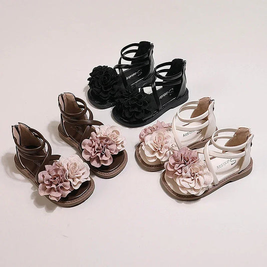 Girls' Sandals 2024 Summer New Children's Flower Princess Shoes Soft Sole Anti Slip Baby Girls' Roman Sandals