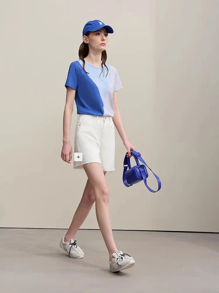 O-Neck Women's T-Shirt 2026 Summer New Stretch Cotton Tee Color Block Versatile Casual Straight Short Sleeve Tops 12622177