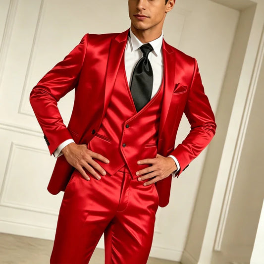 Luxury Men's Satin Suit 3 Piece Set Notch Lapel Slim Fit 1 Button Blazer Vest Pants for Formal Groom Groomsmen Prom Party