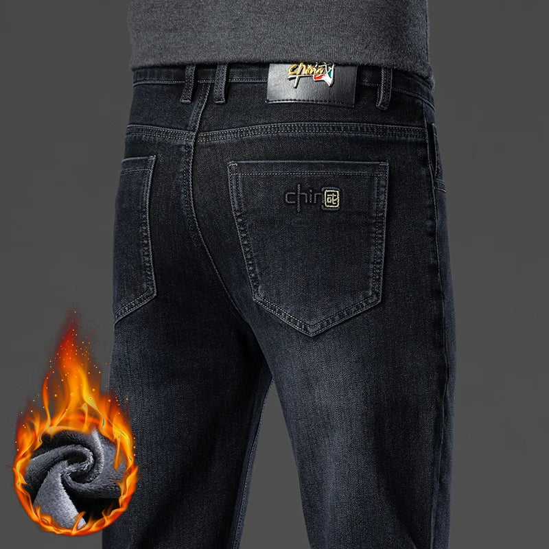 Winter Classic Business Men's Fleece Warm Jeans Straight Stretch Casual Thicken Denim Trousers Washed Fashion Velvet Male Pants