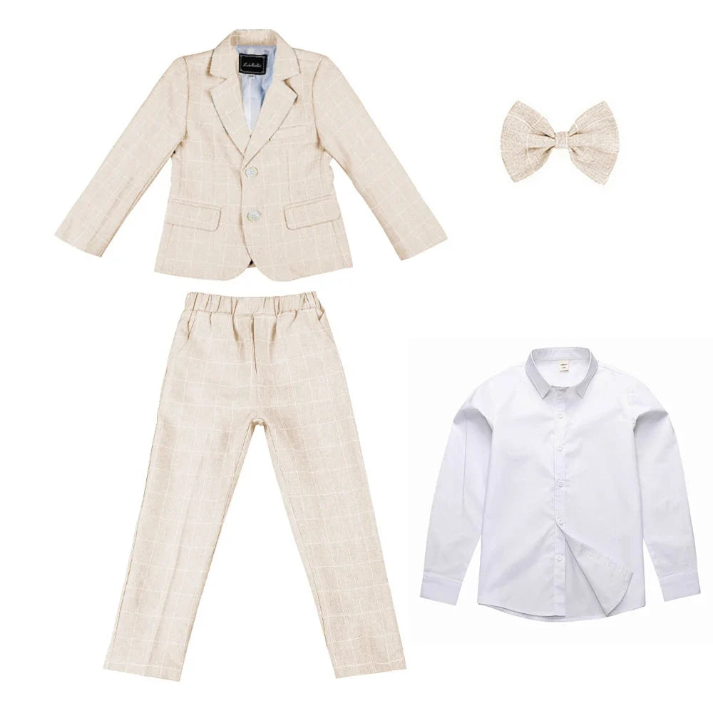 Boys Suit Wedding Ring Bearer Outfit Kids Suit Set Plaid Striped Blazer Suit Pants Bow Tie Pink Suit 2-14Years