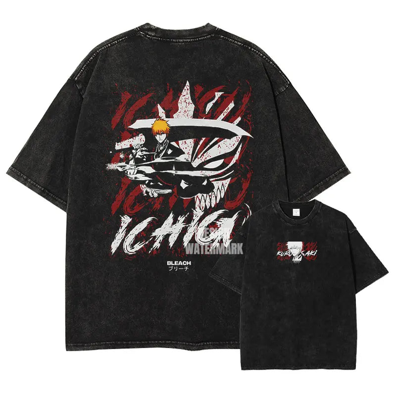 Anime B-Bleach T-Shirt Oversized Vintage Washed Zaraki Kenpachi T-Shirts Retro Harajuku Ichigo Rukia Tops Tees Man 100% Cotton