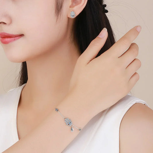 Bracelet Chaîne à Maillons Main de Fatima en Argent Sterling 925, Œil Porte-Bonheur Bleu, Fermoir Homard, Ajustable, Hamsa