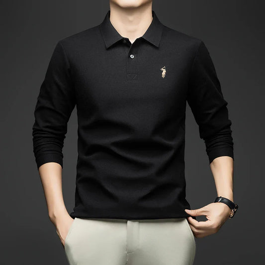 100% Pure Cotton Men's Long Sleeved Polo Shirt, Collar T-shirt, Spring and Autumn Top, No Ironing, Wrinkle Resistant Embroidery