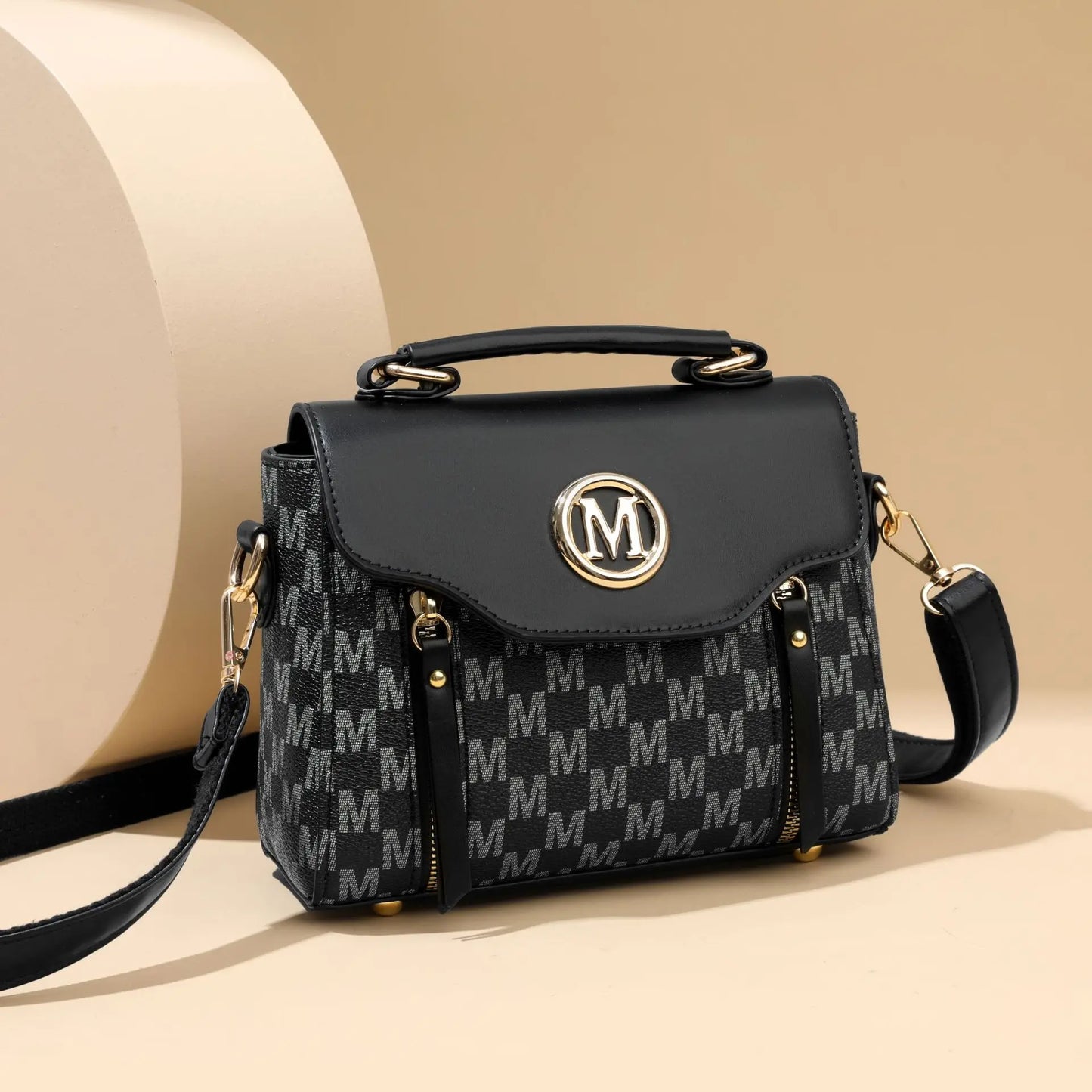 Vintage Women's Tote Bag Stylish PU Handbag Shoulder Bag with Golden Letter "M" Design Detachable Strap Perfect for Everyday Use