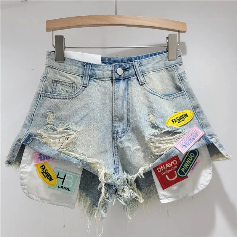 New Trendy Women's Spliced Hole Burr Edge Denim Shorts 2025 Summer Fashion High Waist A-line Short Pants Female 1LS2103