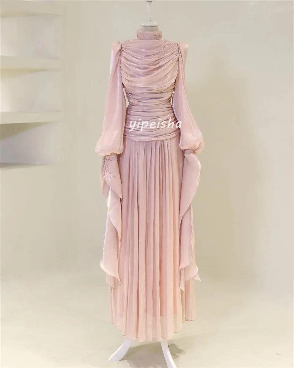 Customized Modern Style Intricate Pleat Ruched Draped A-line High Collar Long Dresses Bespoke Occasion Dresses Sizes Available