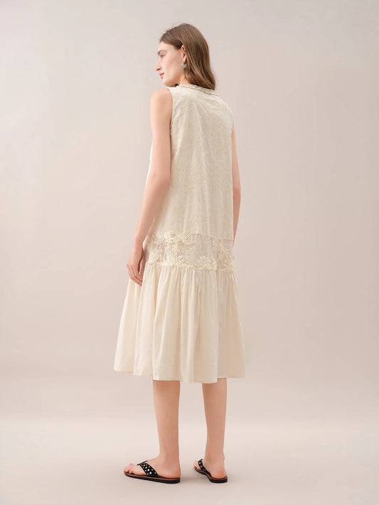 Stylish Patchwork Embroidered Sleeveless Midi Dresses for Women New Summer Beach Holiday Style Cotton