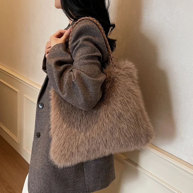 Fashion Women Furry Shoulder Bag Large Capacity Tote Handle Bag for Autumn Winter Outing Commuter Texture Versatile Storage Bags