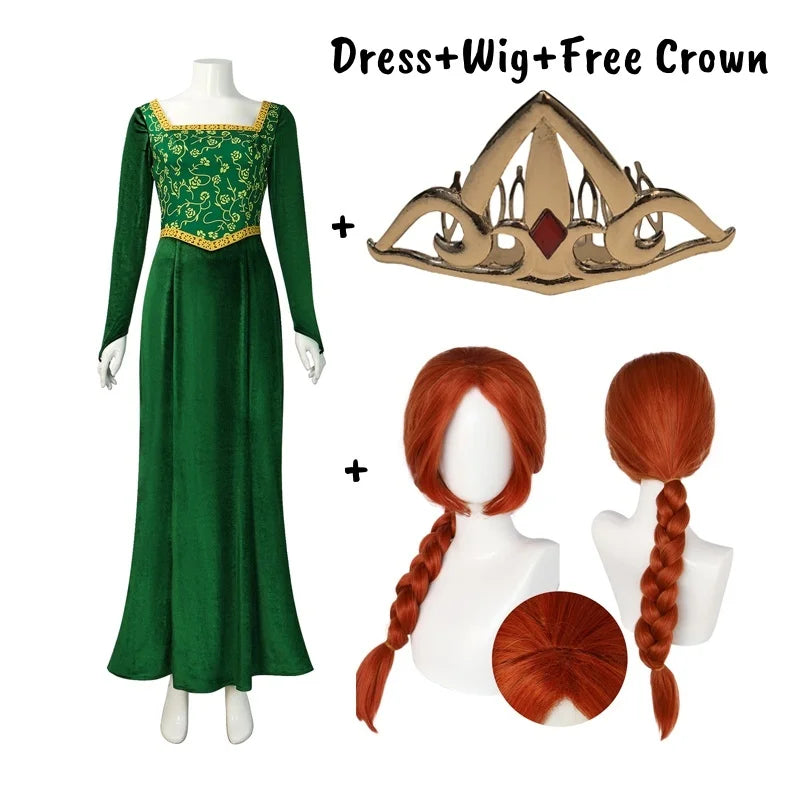 Anime Princess Green Dress Fiona Dress Shrek Cosplay Costume Halloween Fancy Fantasy Party Suit Roleplay for Adult Woman