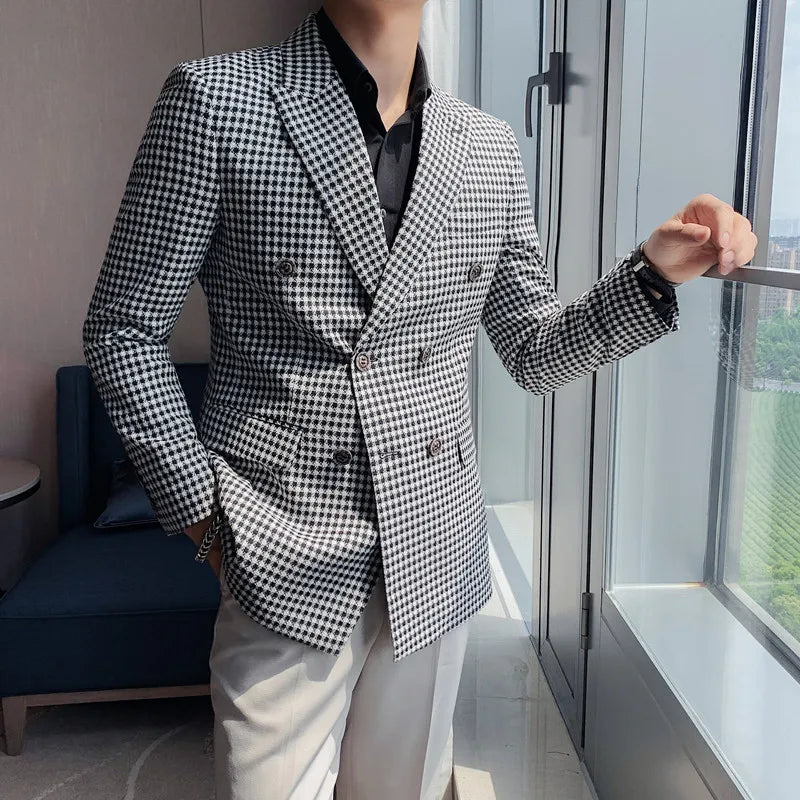 British Style Slim Fit Houndstooth Blazer For Men 2023 Fashion Double Breasted Business Office Wedding Dress Suit Jacket