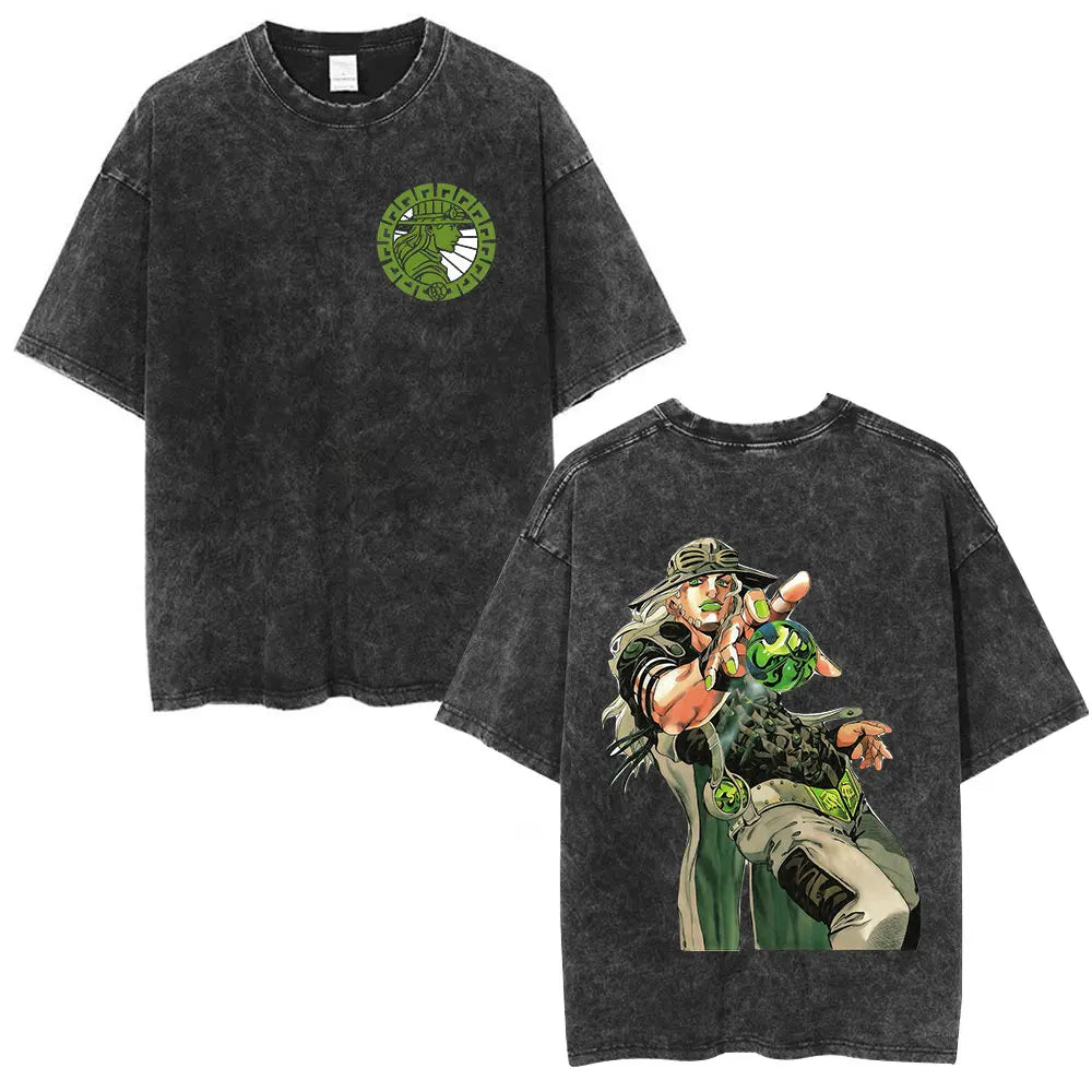 Anime Jojo Bizarre Adventure STEEL BALL RUN Manga Vintage Acid Washed T Shirt Men Women Casual Short Sleeves T-shirt Streetwear