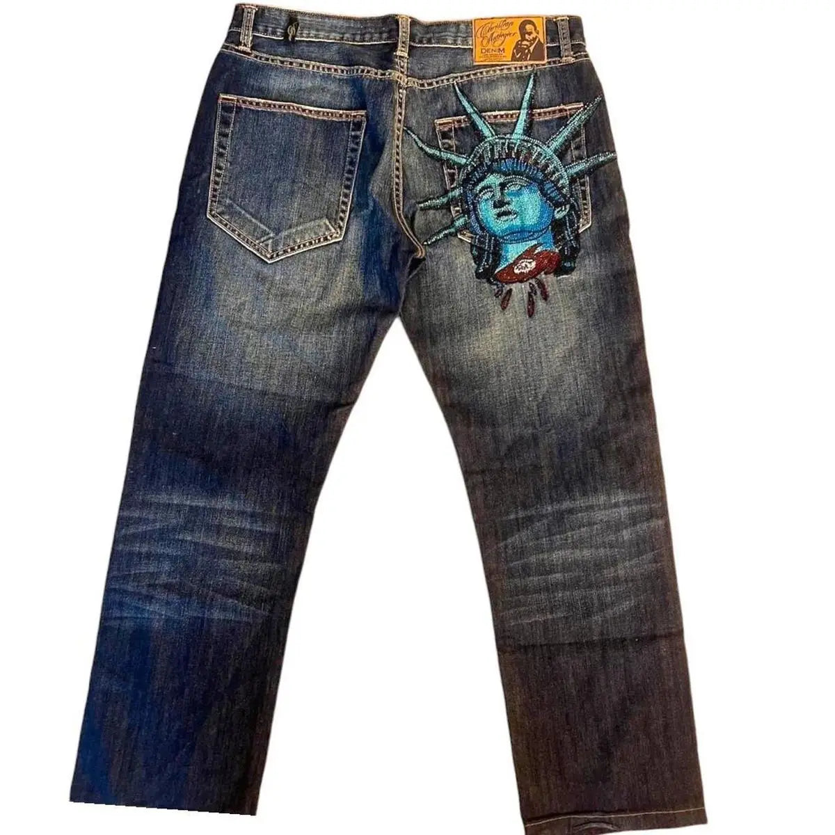 Harajuku Y2k 2000s Women Clothing Vintage Statue of liberty Diamonds Jeans Casual Denim Pants High Waist Straight Wide Leg Jeans