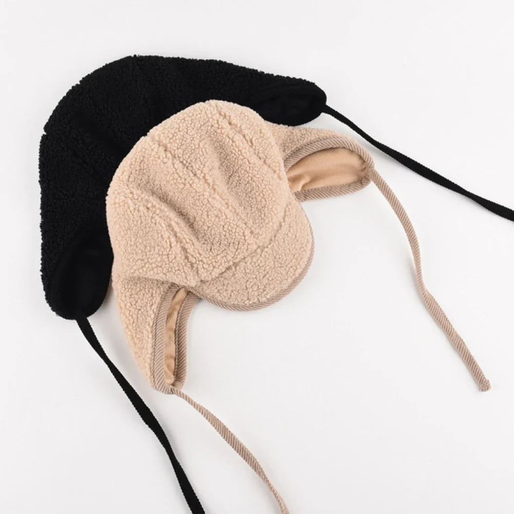 Russian Hat High Quality Lamb Fleece Winter Hat Men Women Thick Warm Ski Earflap Cap Male Female Black Beige Bomber Hats