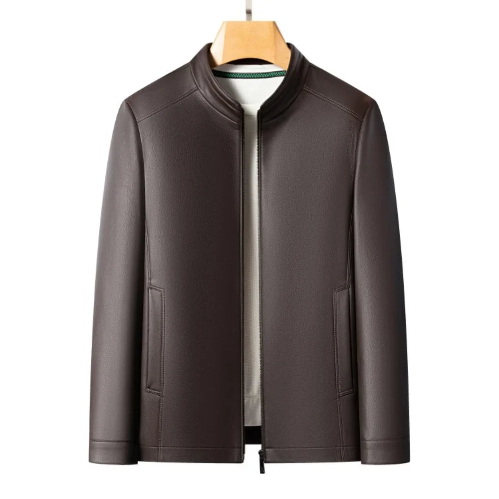 New Spring and Autumn 2025 Casual Leather Jackets, Men's Stand-Up Collar Leather Jackets, and High-End Large-Sized Goatskin Coat