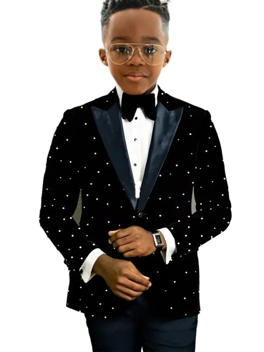 Boys Luxury Beaded Suits 2 Pieces Jacket Pants Wedding Ring Bearer Outfit Formal Handsome Kids Suit Set Host Costumes 2-20T