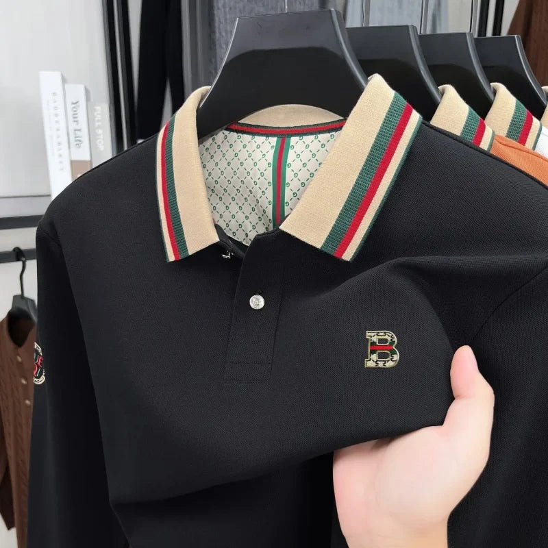 Luxury advanced brand men long sleeve polo shirt unique stripe color blocked lapel fashion letter embroidery casual new T-shirt