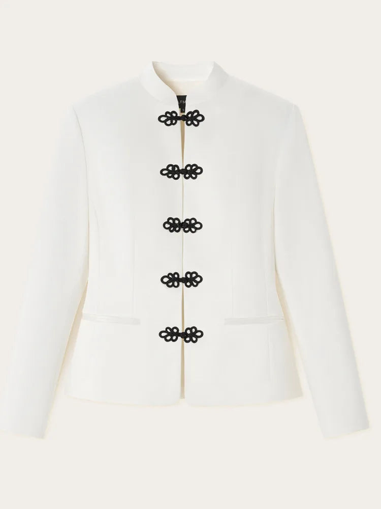 Women's Spring Summer Satin Mandarin Collar Knot Button Blazer Chic Formal Casual Wear 2026 Trendy Feminine Fashion Coat