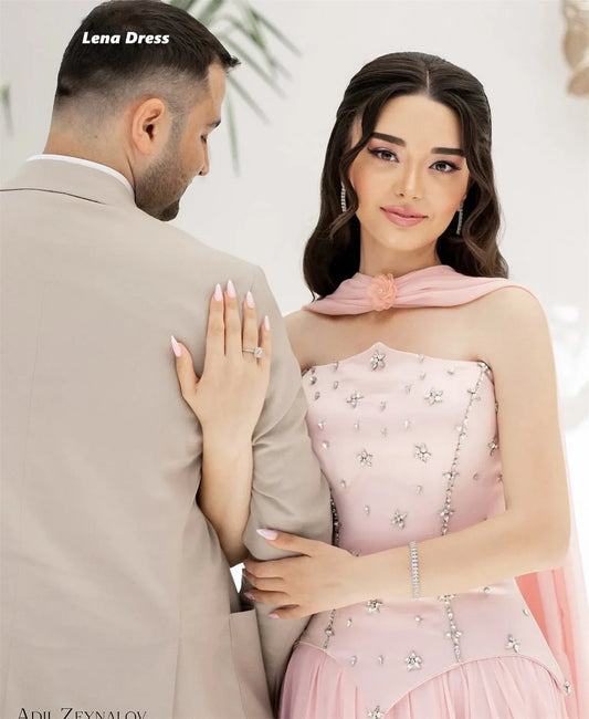 Lena Pink Evening Gown Women's Evening Dress Luxury 2025 Dresses Shawl Rhinestone Custom Made Party Dresses Woman Line A Prom