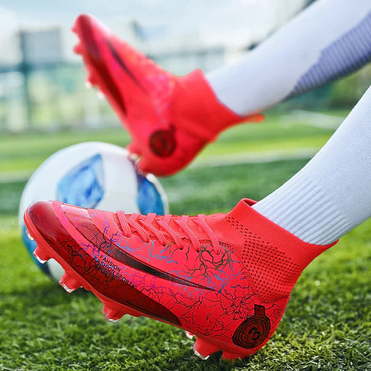 Fashion Men Professional Soccer Shoes Outdoor Cleats Unisex Ultralight Long Spikes Futsal Training Shoes Red Football Boots Men