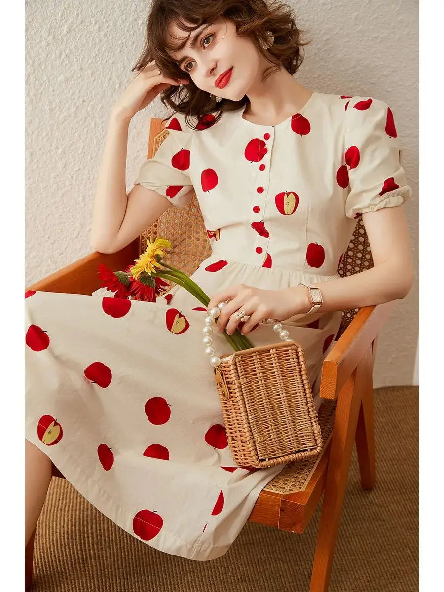 Women Dress 2024 Summer New Elegant Print Apple Round Neck Short Sleeve High Waist Puff Sleeve A-line Long Dress