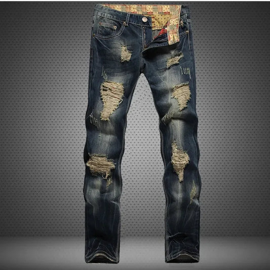 Men's Personalized Ripped Jeans Retro Distressed New Style Straight Slim Fit Casual High Street Fashion Denim Long Pants Male