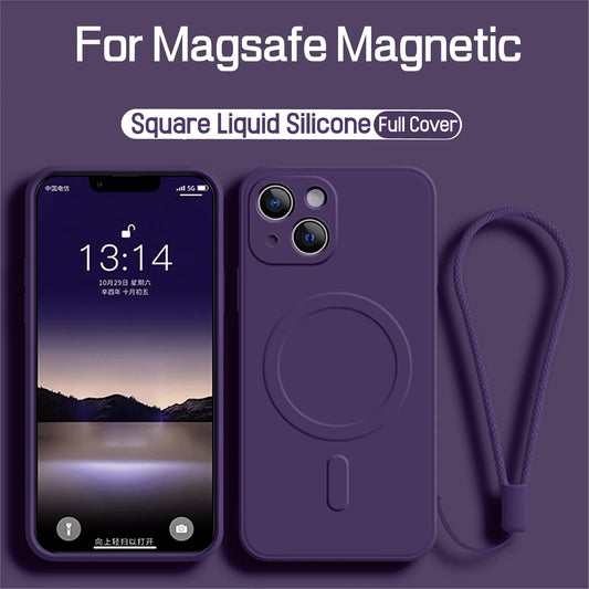 For Magsafe Magnetic Wireless Charge Case For iPhone 17 Air 16E 16 15 14 13 12 Pro Max Plus Liquid Silicone Strap Phone Cover