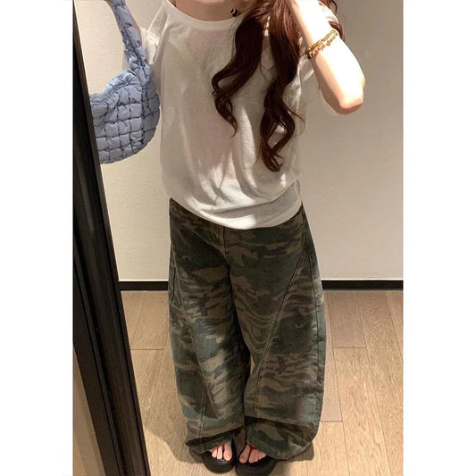 Womens Military Green Jeans High Waist Vintage Straight Baggy Hip Hop American Fashion Wide Leg Denim Trouser Y2K Denim Pants